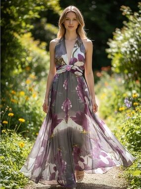 Purple Floral Halter Maxi Dress Open Back Beaded Waist Size 6 M